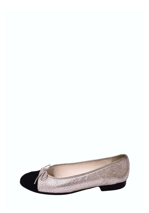 Chanel metallic champagne gold textured leather ballet flat featuring a scale-effect pattern, contrasting black cap toe, delicate metallic bow, rounded toe, and low stacked heel
