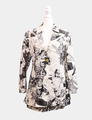 Christian Lacroix black and white graphic print blazer dress with gold button and notched lapel

