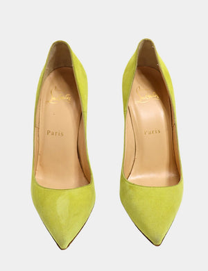 Christian Louboutin lime green suede pointed-toe heels with red soles


