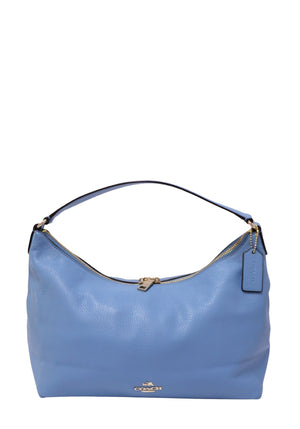 Coach blue pebbled leather hobo shoulder bag with gold-tone hardware, zip-top closure and leather hangtag