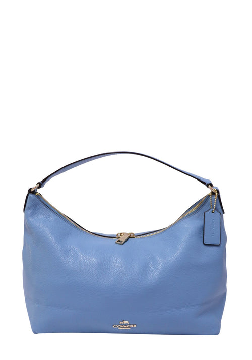 Coach blue pebbled leather hobo shoulder bag with gold-tone hardware, zip-top closure and leather hangtag