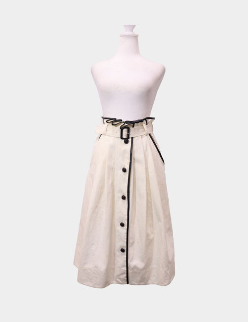 Cream A-line pleated midi skirt with high waist and soft structured silhouette
