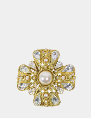 Gold cross brooch with pearl center, crystal teardrops, and intricate detailing