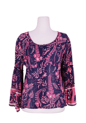 Derhy navy blouse with pink floral print and bell sleeves