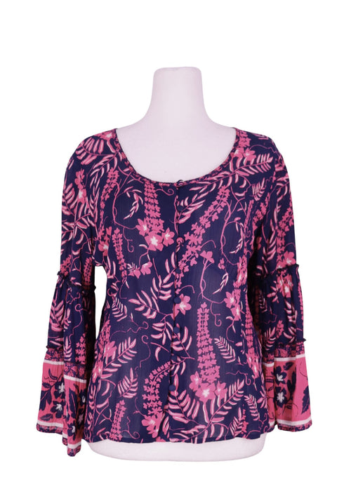 Derhy navy blouse with pink floral print and bell sleeves