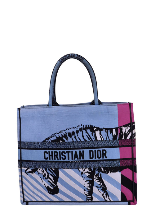 Christian Dior Book Tote zebra print canvas bag blue and pink
