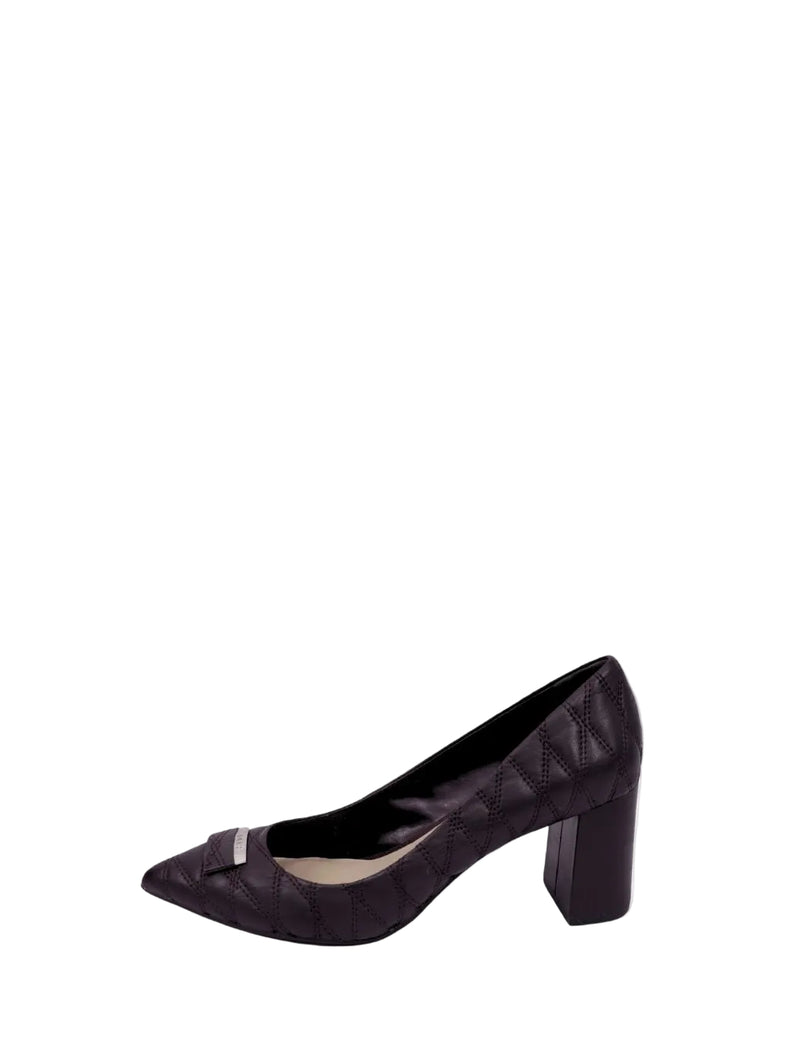 DKNY dark brown quilted leather pointed toe pumps with block heel