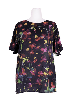 DKNY black floral silk blouse with abstract multicolor print