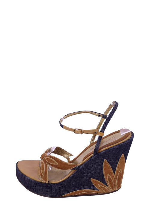 Dolce & Gabbana denim wedge sandals with tan leather straps and appliqué detailing on heel