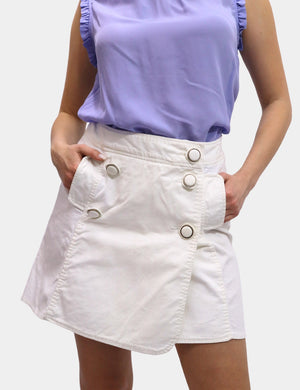 Dolce & Gabbana white cotton mini skirt with asymmetric wrap front and oversized button detail.

