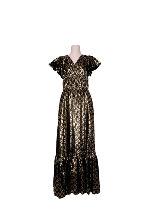 La DoubleJ gold and black metallic leopard print maxi dress with ruffle sleeves and tiered skirt