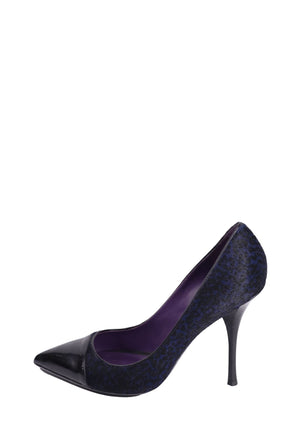 Emilio Pucci black and blue cap-toe heels with pointed toe and purple interior