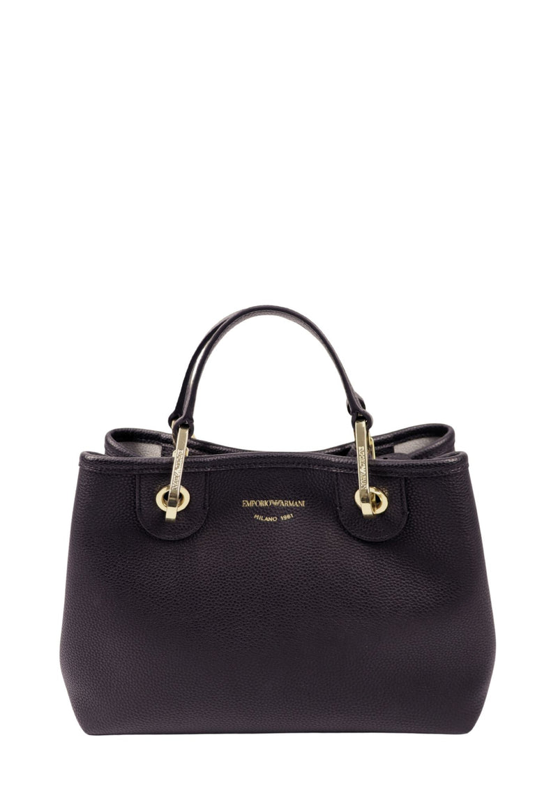 Emporio Armani black pebbled leather tote bag with gold-tone hardware and branded shoulder strap.