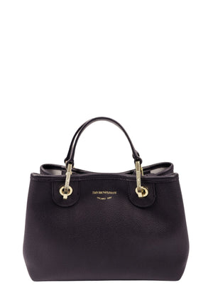 Emporio Armani black pebbled leather tote bag with gold-tone hardware and branded shoulder strap.