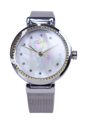 Esprit watch with mother of pearl dial crystal markers and silver mesh strap 