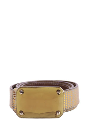 Fendi metallic textured leather belt with gold plate buckle and brown inner lining