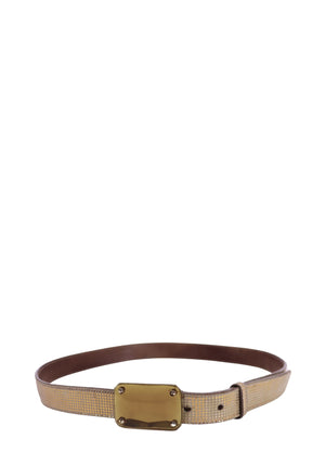 Fendi metallic textured leather belt with gold plate buckle and brown inner lining