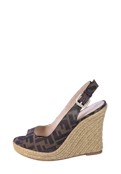 Fendi brown FF logo canvas espadrille wedges with braided jute wedge heel and slingback strap.