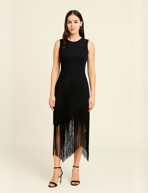 Preowned black sleeveless fringe midi dress with asymmetrical hem and textured fabric – Fashion House Jordan