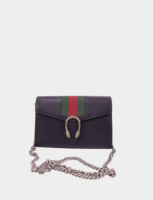 Gucci Dionysus mini leather shoulder bag with signature green-red web stripe and chain strap
