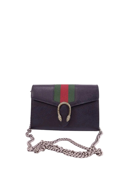 Gucci Dionysus mini leather shoulder bag with signature green-red web stripe and chain strap