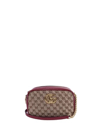 Gucci GG Marmont small shoulder bag in beige monogram canvas with red leather trim and gold GG logo