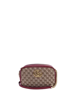 Gucci GG Marmont small shoulder bag in beige monogram canvas with red leather trim and gold GG logo