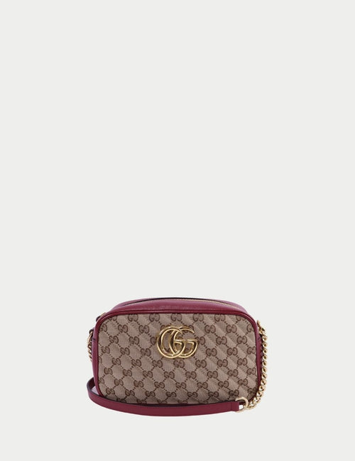 Gucci GG Marmont small shoulder bag in beige monogram canvas with red leather trim and gold GG logo