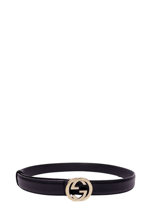 Authentic Gucci black smooth leather belt featuring signature gold-tone interlocking GG buckle and adjustable fit.