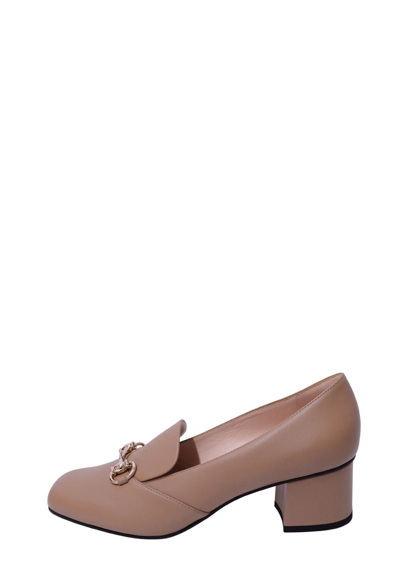 Gucci beige leather Horsebit pumps with gold-tone hardware and mid block heel