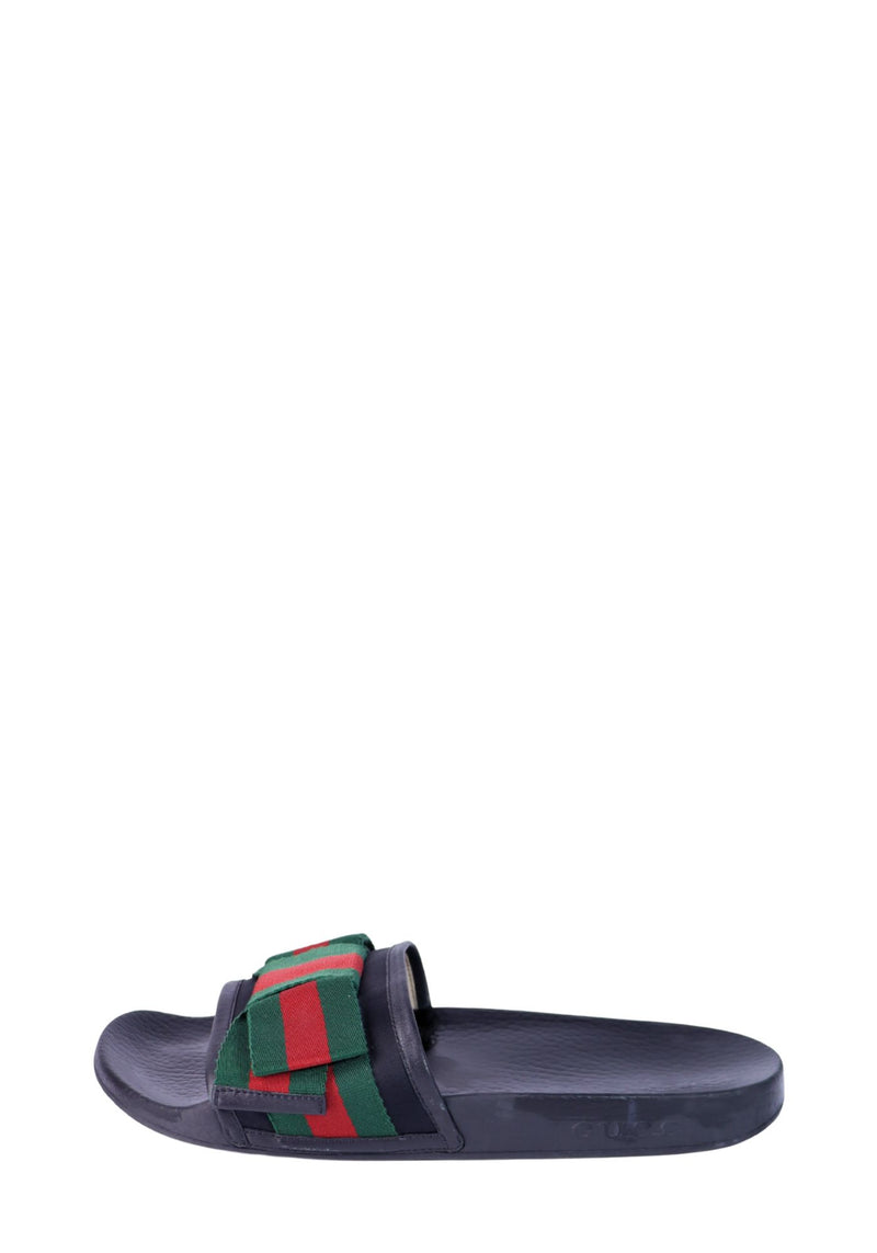 Gucci black slide sandals featuring the signature green and red web stripe strap and molded footbed.