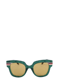 Gucci oversized square sunglasses with green frame and yellow lenses featuring web stripe detail
