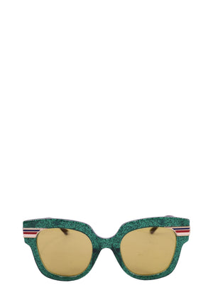 Gucci oversized square sunglasses with green frame and yellow lenses featuring web stripe detail