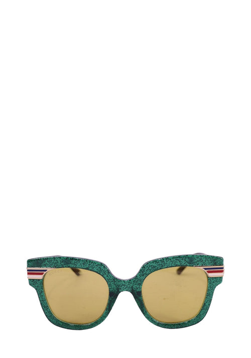 Gucci oversized square sunglasses with green frame and yellow lenses featuring web stripe detail