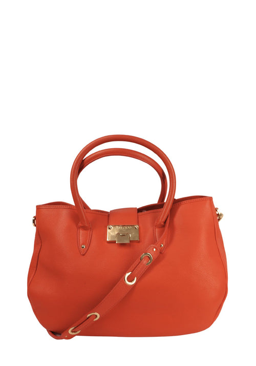 Jimmy Choo red leather top handle bag with gold hardware and detachable shoulder strap front view