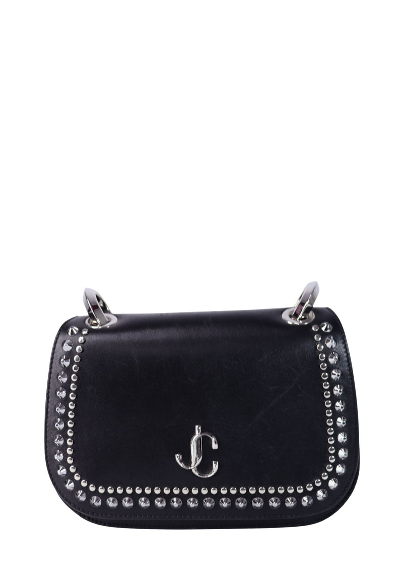 Jimmy Choo black leather shoulder bag with silver stud embellishments and silver-tone JC logo hardware.