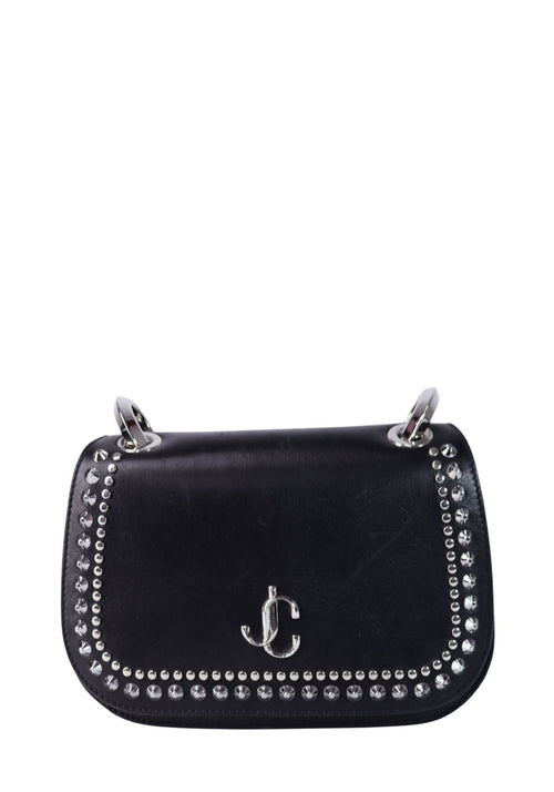 Jimmy Choo black leather shoulder bag with silver stud embellishments and silver-tone JC logo hardware.