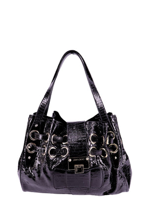 Jimmy Choo black snakeskin leather shoulder bag with metal ring detailing and front clasp closure