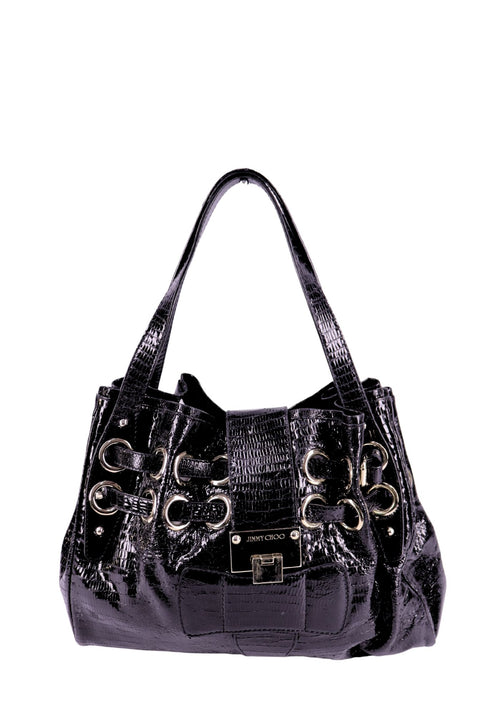Jimmy Choo black snakeskin leather shoulder bag with metal ring detailing and front clasp closure