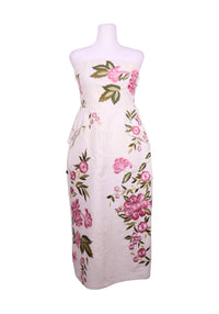 Karen Millen white strapless midi dress with pink floral embroidery and structured silhouette