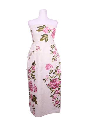 Karen Millen white strapless midi dress with pink floral embroidery and structured silhouette