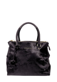 Karen Millen black pony hair tote bag with gold-tone hardware and top handle