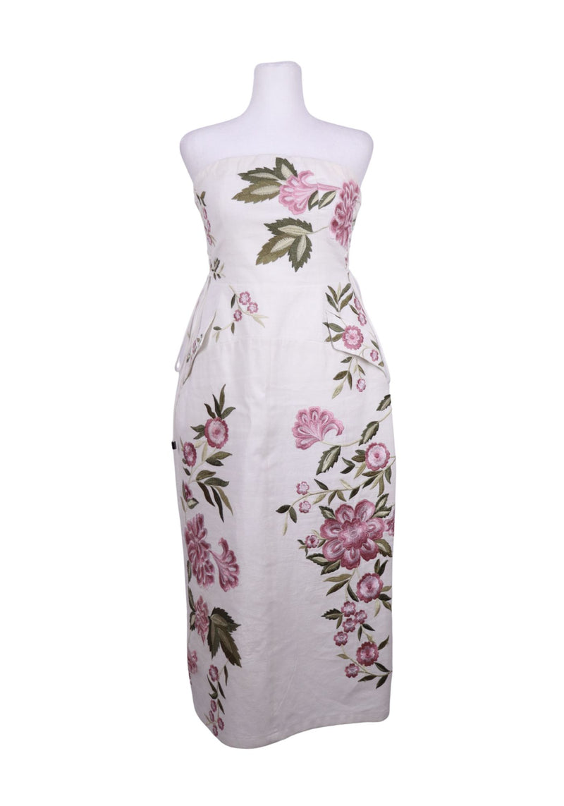 Karen Millen white strapless midi dress with pink floral embroidery and structured silhouette