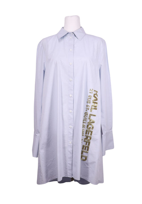 Karl Lagerfeld light blue oversized shirt dress with gold embellished logo detail and long sleeves