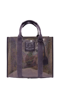 Kurt Geiger transparent structured tote bag with silver glitter finish and top handles