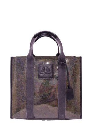 Kurt Geiger transparent structured tote bag with silver glitter finish and top handles