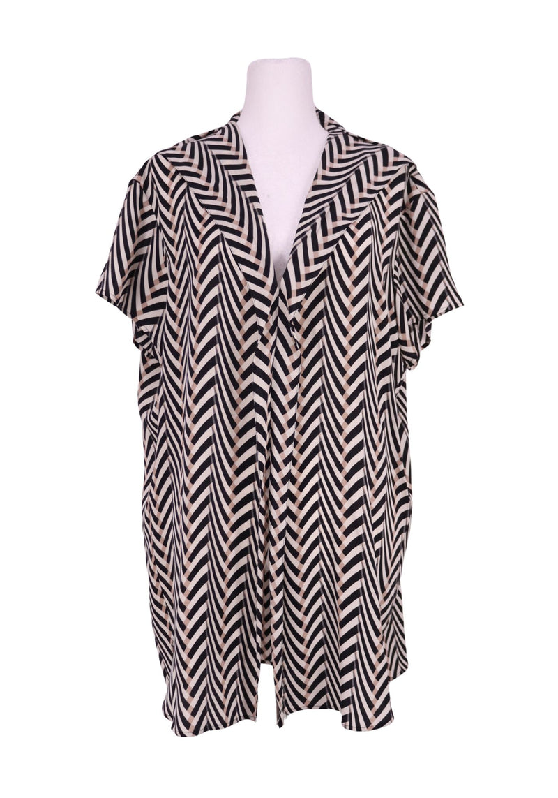 Lanvin black and beige geometric print blouse with V-neck and short sleeves