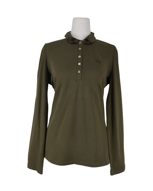 Burberry olive long sleeve top with check collar detail