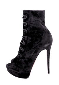 Christian Louboutin black velvet lace-up platform ankle boots with peep toe and red sole