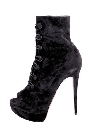 Christian Louboutin black velvet lace-up platform ankle boots with peep toe and red sole